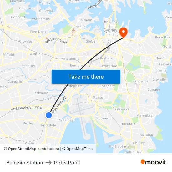 Banksia Station to Potts Point map