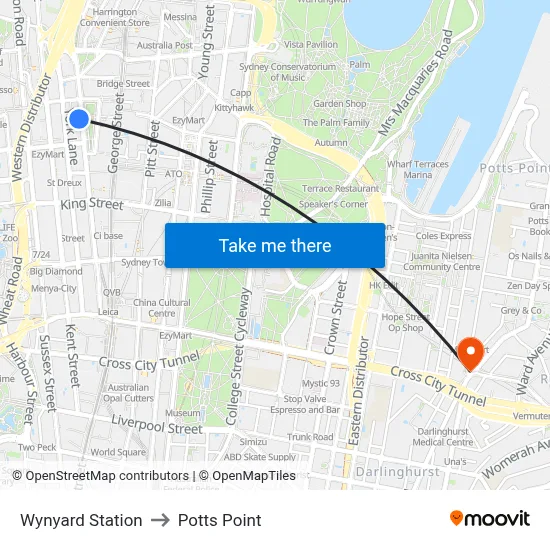Wynyard Station to Potts Point map