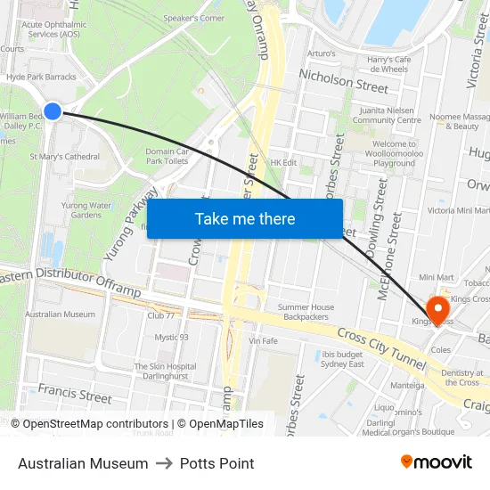 Australian Museum to Potts Point map