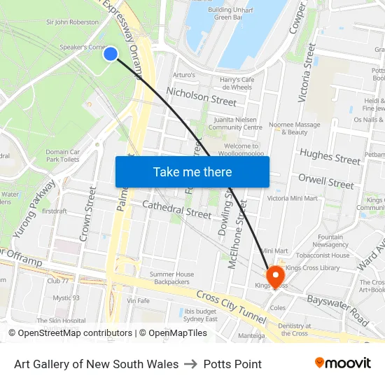 Art Gallery of New South Wales to Potts Point map