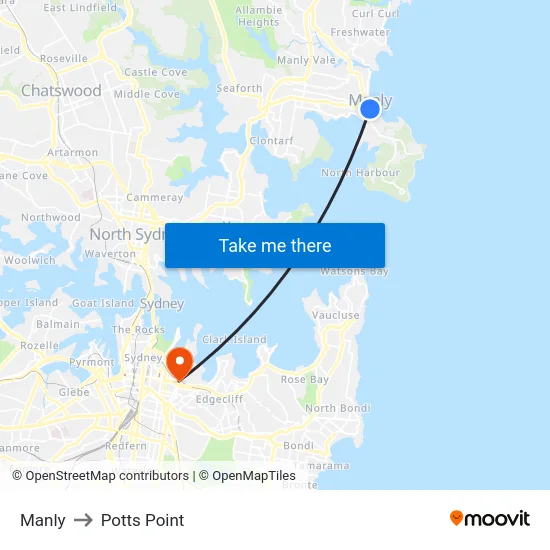 Manly to Potts Point map