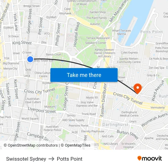 Swissotel Sydney to Potts Point map