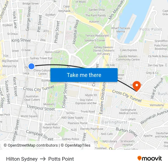 Hilton Sydney to Potts Point map