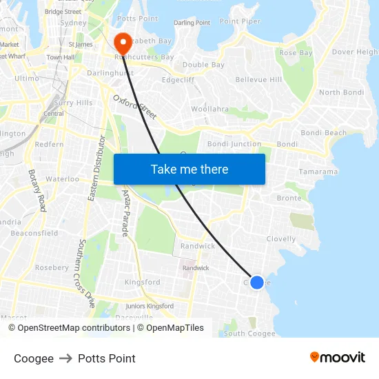 Coogee to Potts Point map