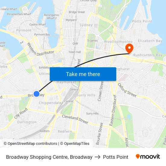 Broadway Shopping Centre, Broadway to Potts Point map