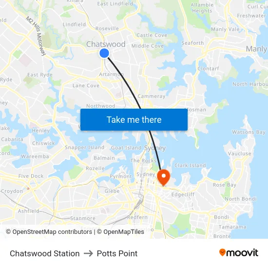 Chatswood Station to Potts Point map