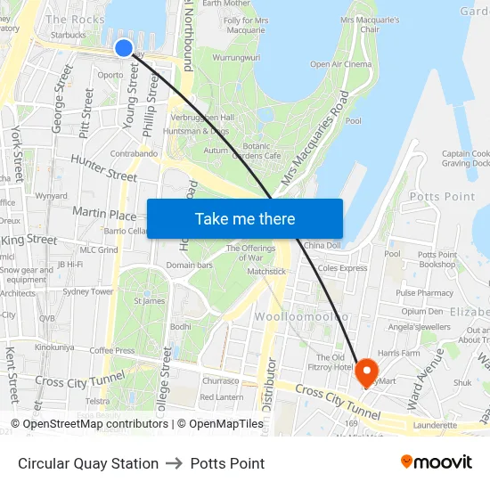 Circular Quay Station to Potts Point map