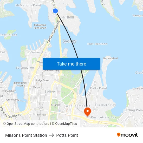 Milsons Point Station to Potts Point map