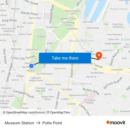 Museum Station to Potts Point map