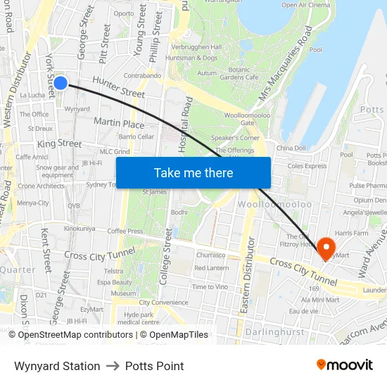 Wynyard Station to Potts Point map