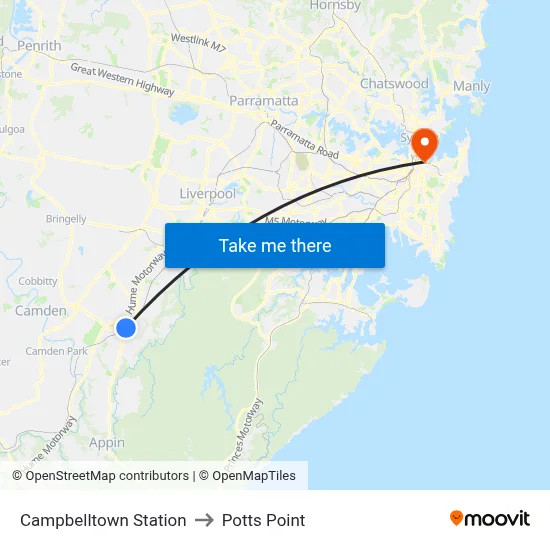 Campbelltown Station to Potts Point map