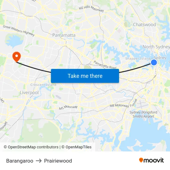 Barangaroo to Prairiewood map
