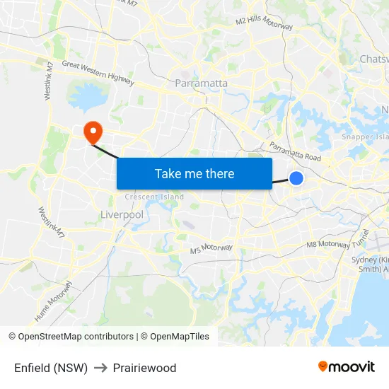 Enfield (NSW) to Prairiewood map