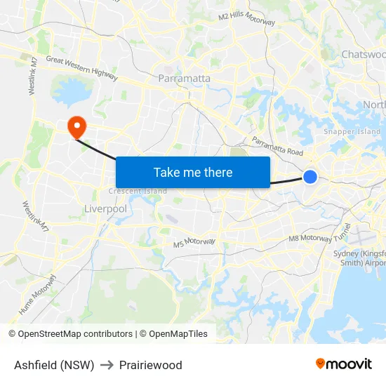 Ashfield (NSW) to Prairiewood map