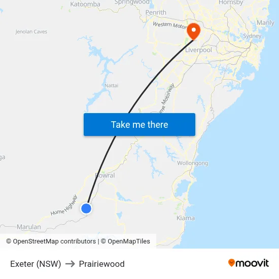 Exeter (NSW) to Prairiewood map