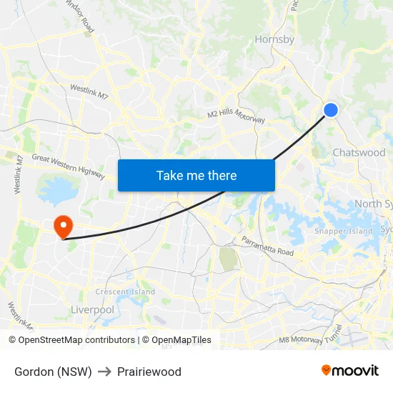 Gordon (NSW) to Prairiewood map