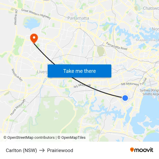 Carlton (NSW) to Prairiewood map
