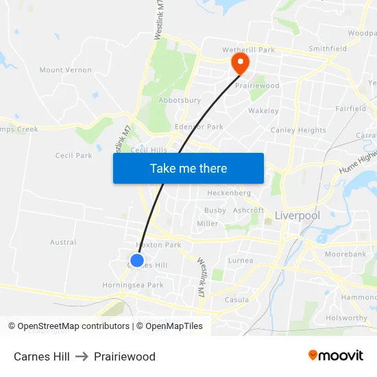 Carnes Hill to Prairiewood map