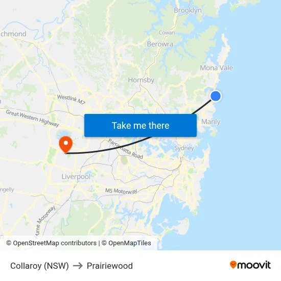 Collaroy (NSW) to Prairiewood map