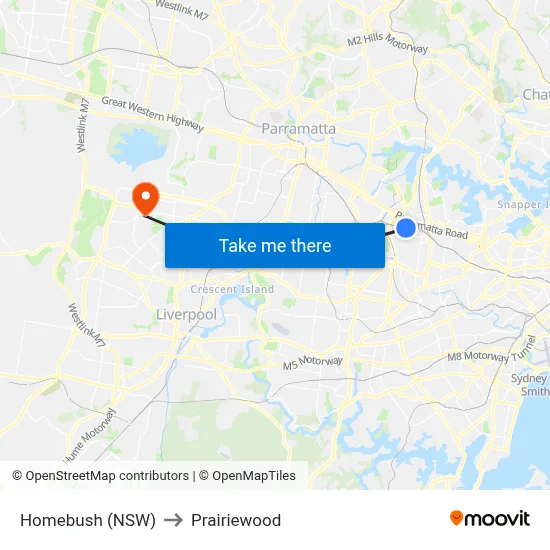 Homebush (NSW) to Prairiewood map
