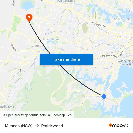 Miranda (NSW) to Prairiewood map