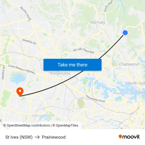 St Ives (NSW) to Prairiewood map