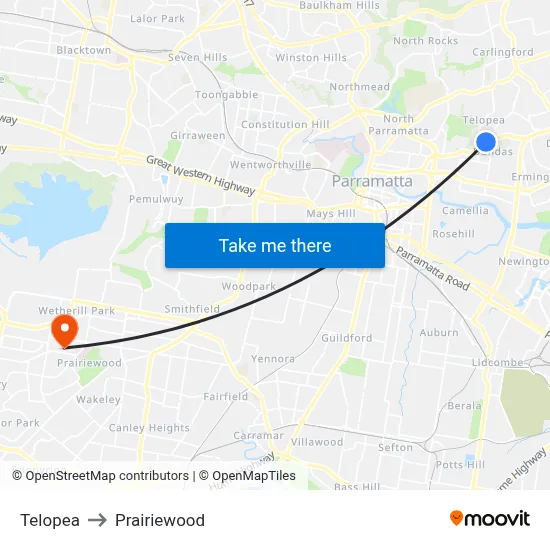 Telopea to Prairiewood map