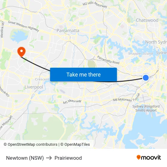 Newtown (NSW) to Prairiewood map