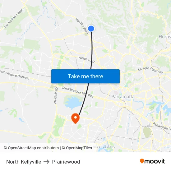 North Kellyville to Prairiewood map
