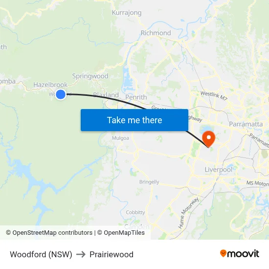 Woodford (NSW) to Prairiewood map