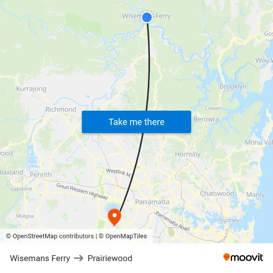 Wisemans Ferry to Prairiewood map