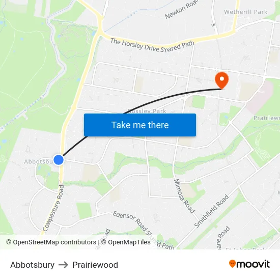 Abbotsbury to Prairiewood map
