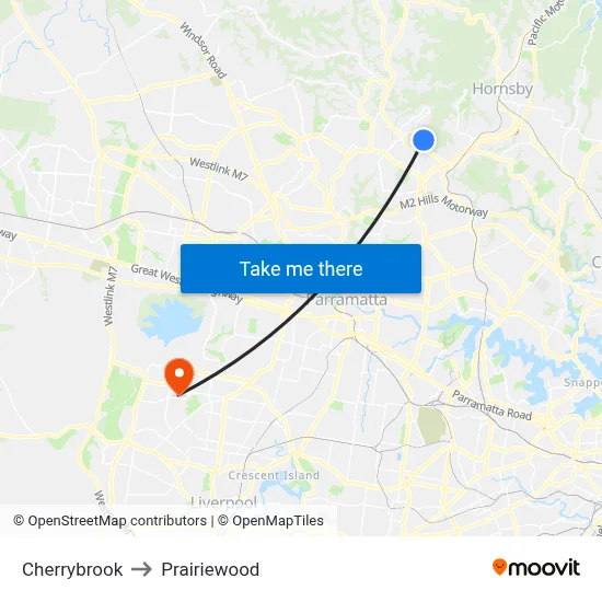 Cherrybrook to Prairiewood map