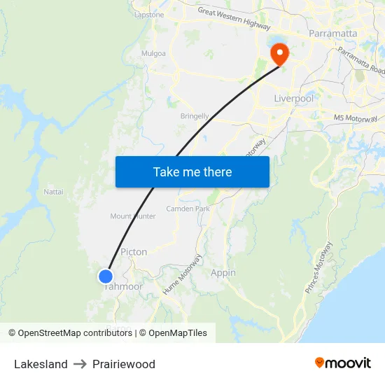 Lakesland to Prairiewood map