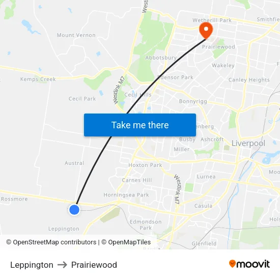 Leppington to Prairiewood map