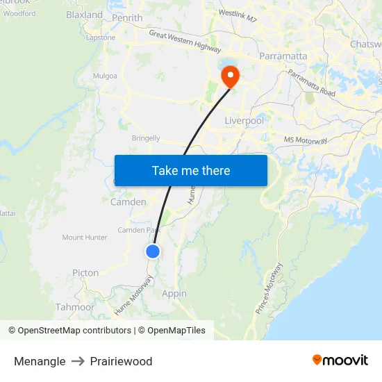 Menangle to Prairiewood map