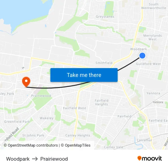 Woodpark to Prairiewood map