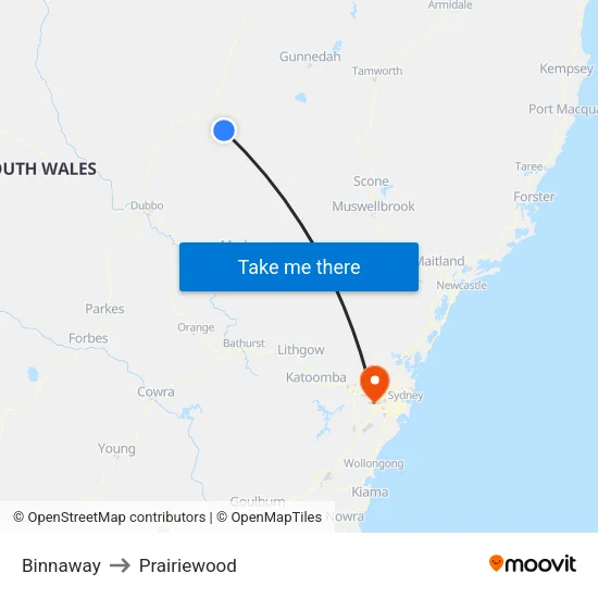 Binnaway to Prairiewood map