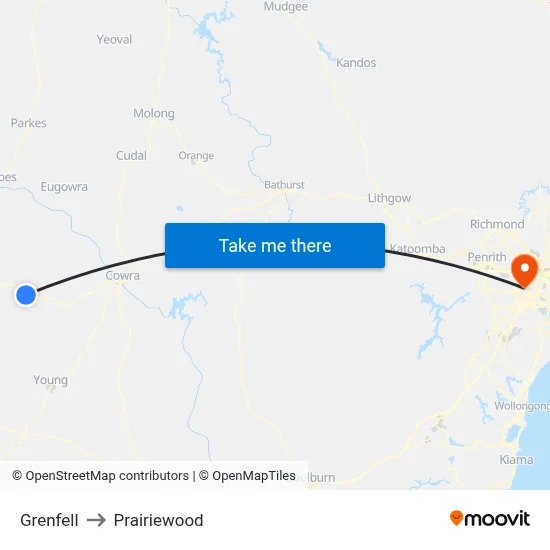 Grenfell to Prairiewood map