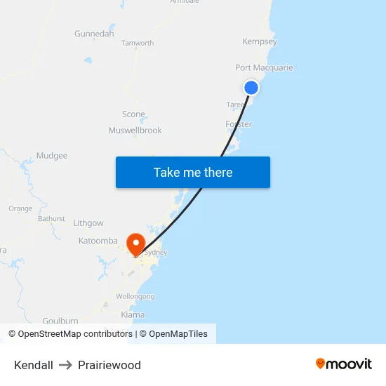 Kendall to Prairiewood map