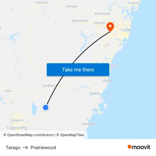 Tarago to Prairiewood map
