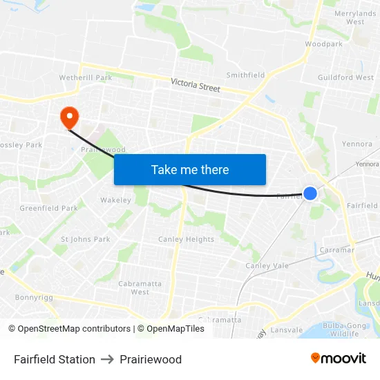 Fairfield Station to Prairiewood map