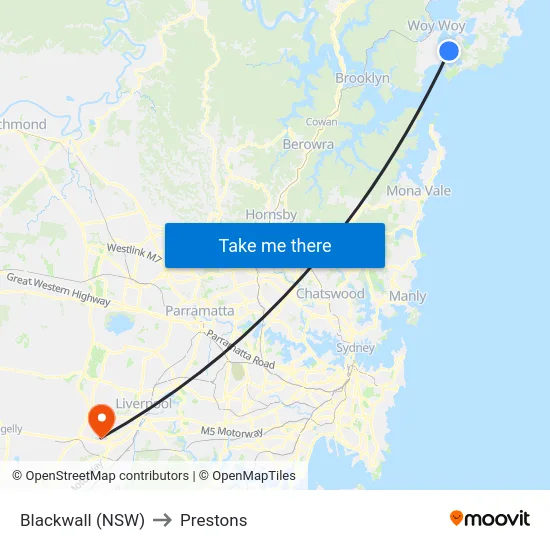 Blackwall (NSW) to Prestons map