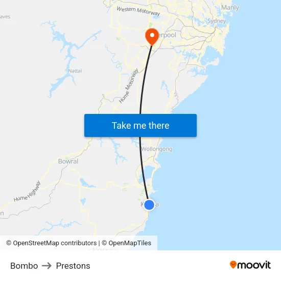 Bombo to Prestons map