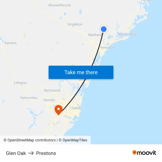 Glen Oak to Prestons map