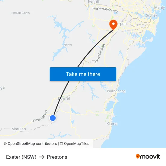 Exeter (NSW) to Prestons map