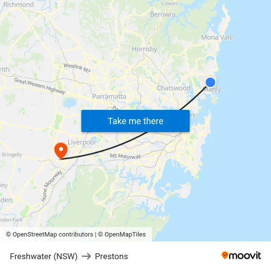 Freshwater (NSW) to Prestons map