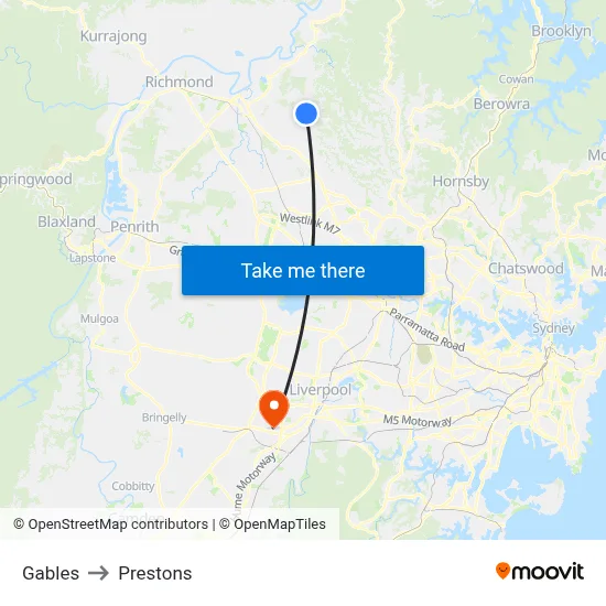 Gables to Prestons map