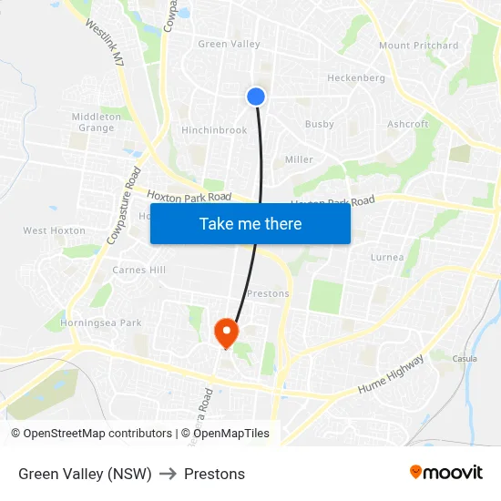 Green Valley (NSW) to Prestons map
