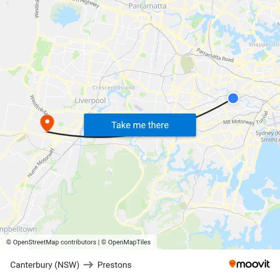 Canterbury (NSW) to Prestons map